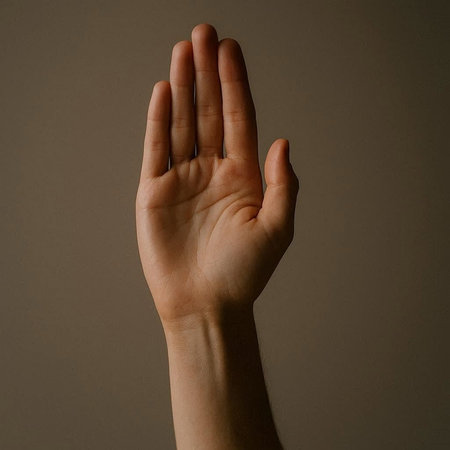 Human hand on a gray background. The concept of stop violence against women.