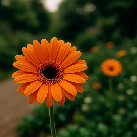 Orange gerbera flower in the garden. Shallow depth of field.の写真素材