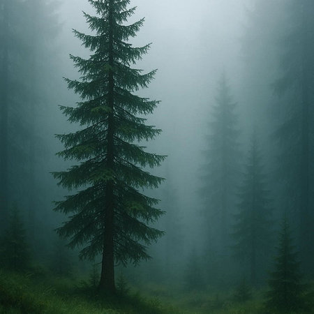 Foggy forest with spruce trees in the foreground, vertical image