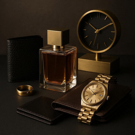 Men's luxury wristwatch, perfume and wallet on dark background.の写真素材