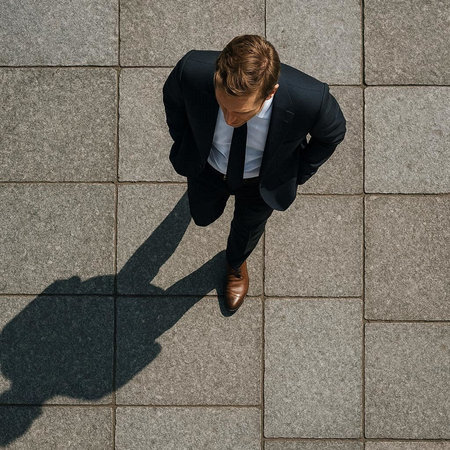Top view of a young businessman standing on the street and looking down.