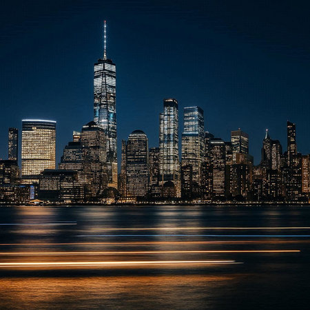 New York City Manhattan midtown skyline panorama with skyscrapers over Hudson River at night....