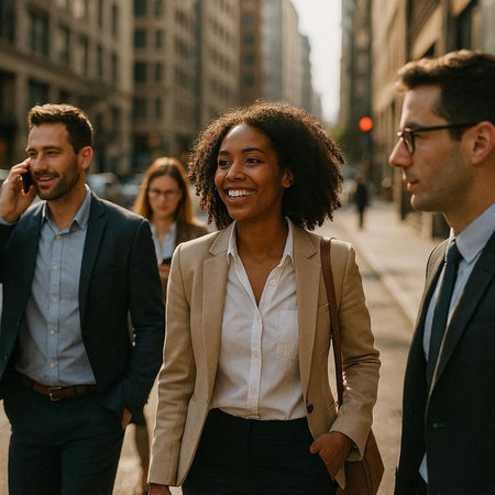 Group of young business people walking in the city on a sunny day.
