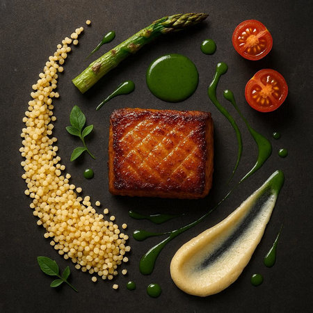 Grilled salmon steak with asparagus and sauce on black background