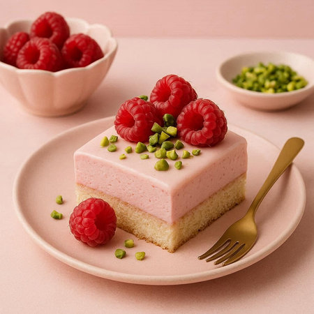 Piece of raspberry cheesecake with fresh raspberries and pistachios on pink background