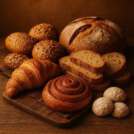 Variety of bread and buns on wooden background. Toned.