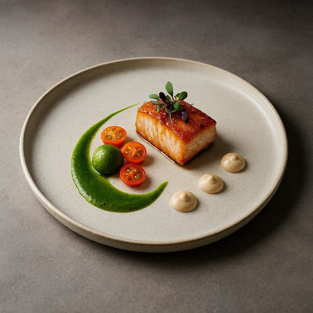 Fried salmon fillet with green sauce and cherry tomatoes on a plate