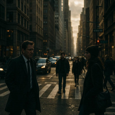 Man and woman walking in the street in New York City at sunset