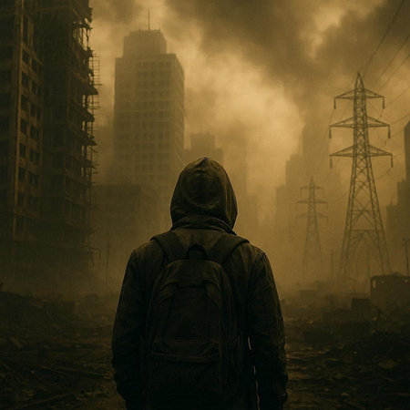 Silhouette of a man with a backpack on the background of a destroyed building.
