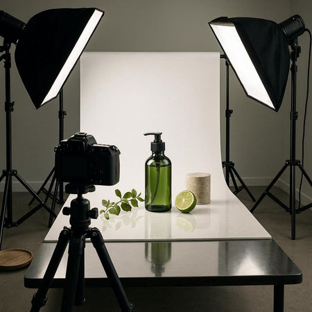 Items for body care on a white table in a photo studio