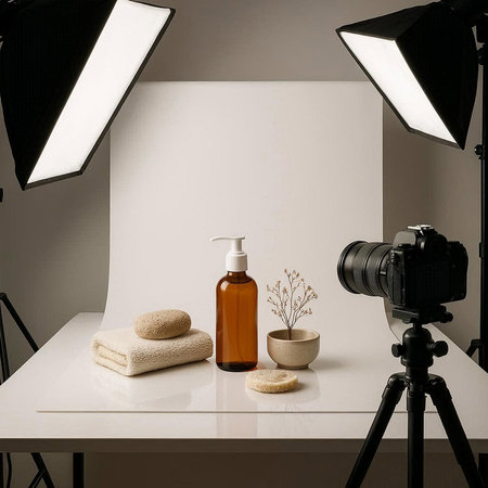 Towels and a bottle on a white table in front of a photo camera