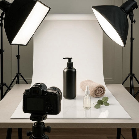 Set of cosmetic products on a table in a photo studio with lighting