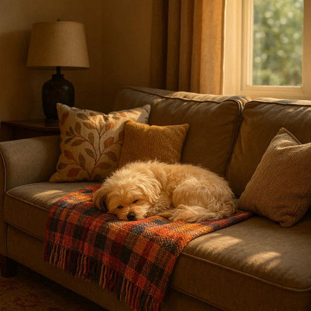 Cute dog resting on sofa with pillows and plaid.