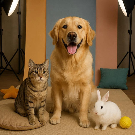 Golden Retriever, cat and rabbit sitting together. Studio shot.の写真素材