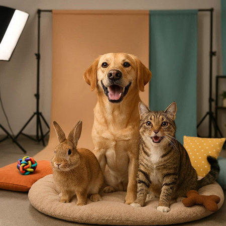 Cute cat, dog and rabbit together at home. Pet care concept