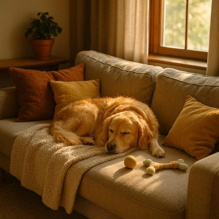 Cute Golden Retriever lying on the sofa at home.の写真素材