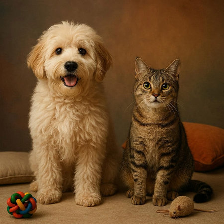 tabby cat and dog together on brown background, studio shot.