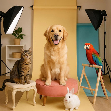 Golden Retriever, cat and parrot in studio