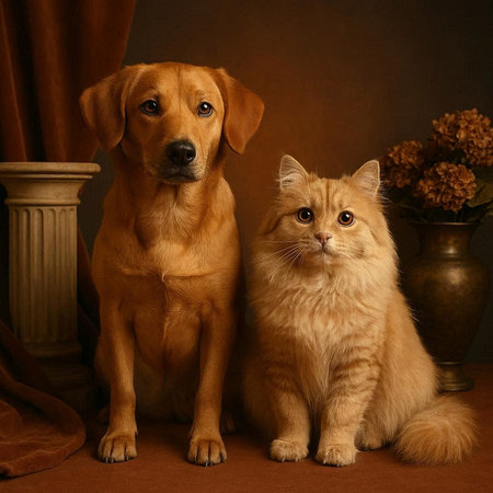 Portrait of a dog and a cat on a brown background.