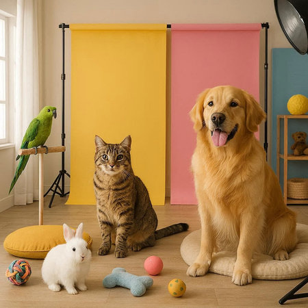 Cute cat, dog and rabbit sitting on the floor at home