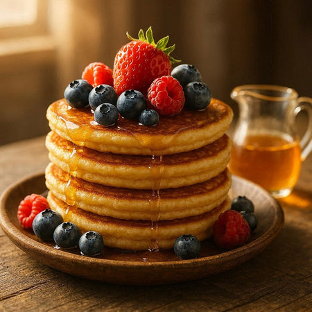 Stack of pancakes with fresh berries and maple syrup on wooden table.