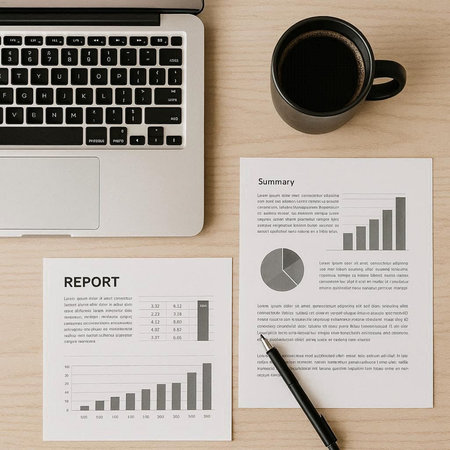 Top view of business workplace with laptop, coffee cup and financial report.