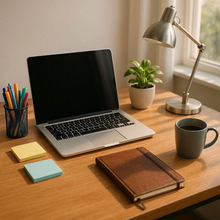 Laptop, notebook and coffee cup on wooden table at home officeの写真素材