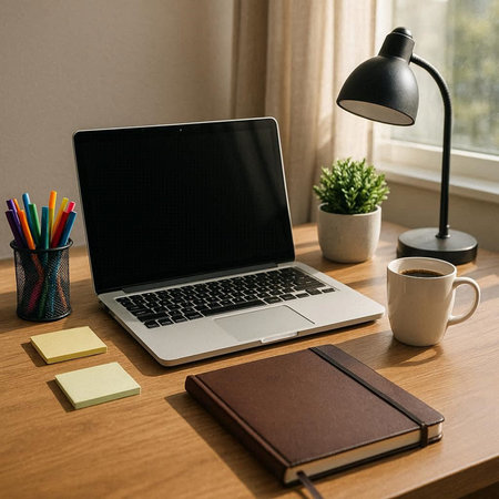 Laptop with blank screen and stationery on wooden table in home office