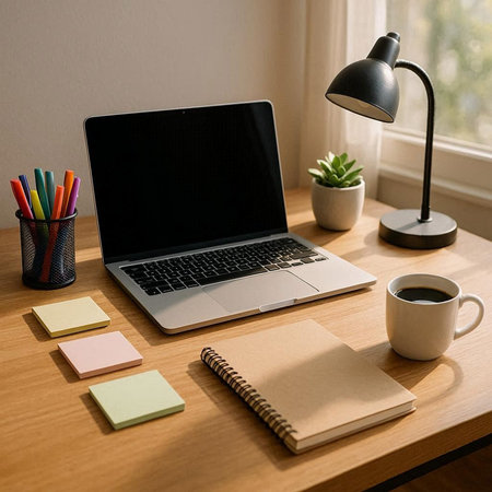 Laptop computer with blank screen, stationery and coffee cup on wooden table