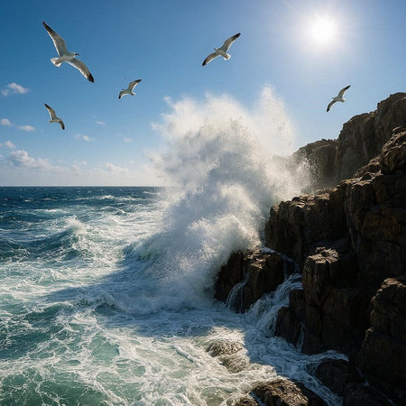 Seagulls flying over rocks in the sea. Seascape