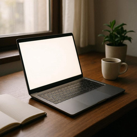 Laptop with blank screen on wooden table with coffee cup, notebook and plant