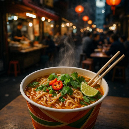 Asian noodle soup in a paper cup on a wooden table.