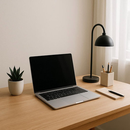 laptop with blank screen on wooden table in home office, mockup