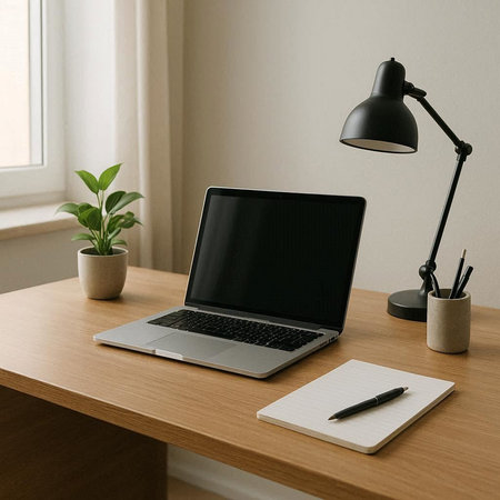 laptop with blank screen on wooden table in home office, mockup