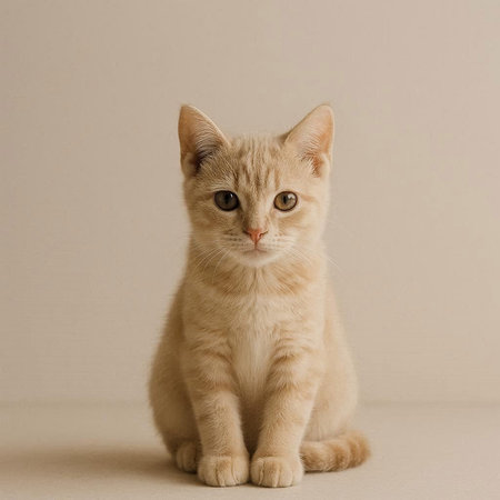 Portrait of a cute ginger kitten sitting on a beige background