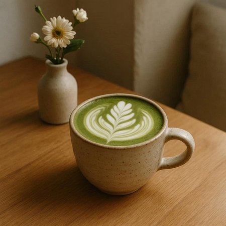 A cup of green tea with latte art on the wooden table