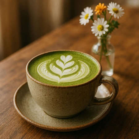 Green tea latte art with flower in vase on wooden table