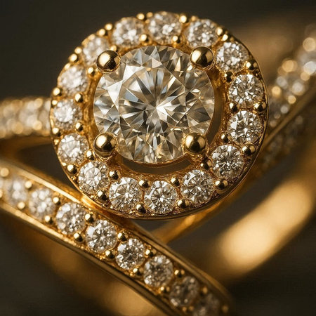 Jewelry ring with diamonds on a dark background close-up