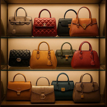 Fashionable women's leather handbags in a shop window.