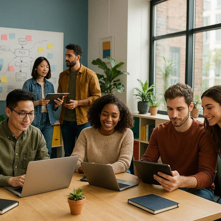 Group of multiethnic business people using gadgets during meeting in office