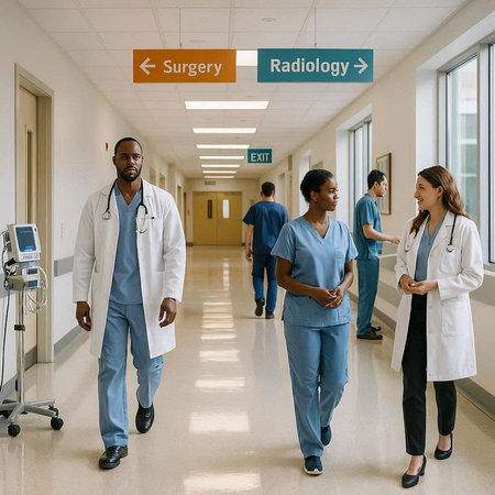 Group of doctors and nurses in a hospital corridor. Health care concept.