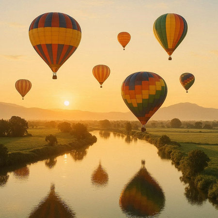 Hot air balloons flying over the river at sunrise. 3d rendering