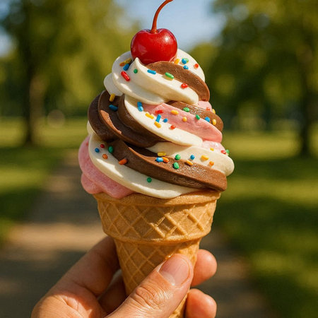 Ice cream in a waffle cone.