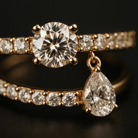 Jewelry ring with diamonds on a dark background close-upの写真素材