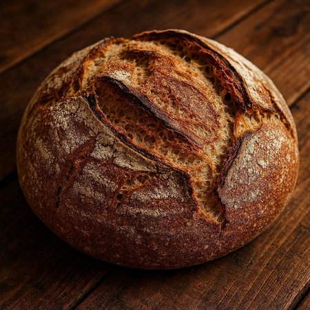 Freshly baked bread on a wooden table. Selective focus.