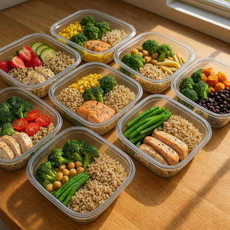 Healthy lunch box with chicken, vegetables, cereals, chickpeas, mushrooms, beans and nuts