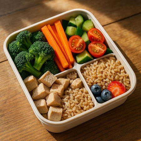 Healthy lunch box with rice, vegetables and tofu on wooden table