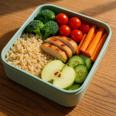 Healthy lunch box with chicken, rice and vegetables on wooden table
