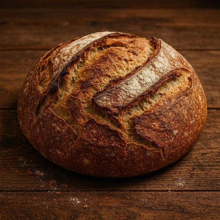 Loaf of bread on rustic wooden background. Top view.