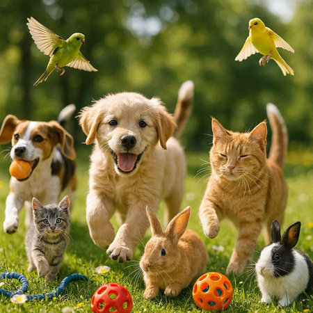 Group of pets playing together in the park. Labrador Retriever, Golden Retriever, Jack Russell Terrier, cat and bird.の写真素材